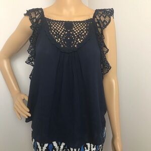 Aeropostale Blouse | Crocheted Bodice | Lace Flutter Cap Sleeves | Navy Blue